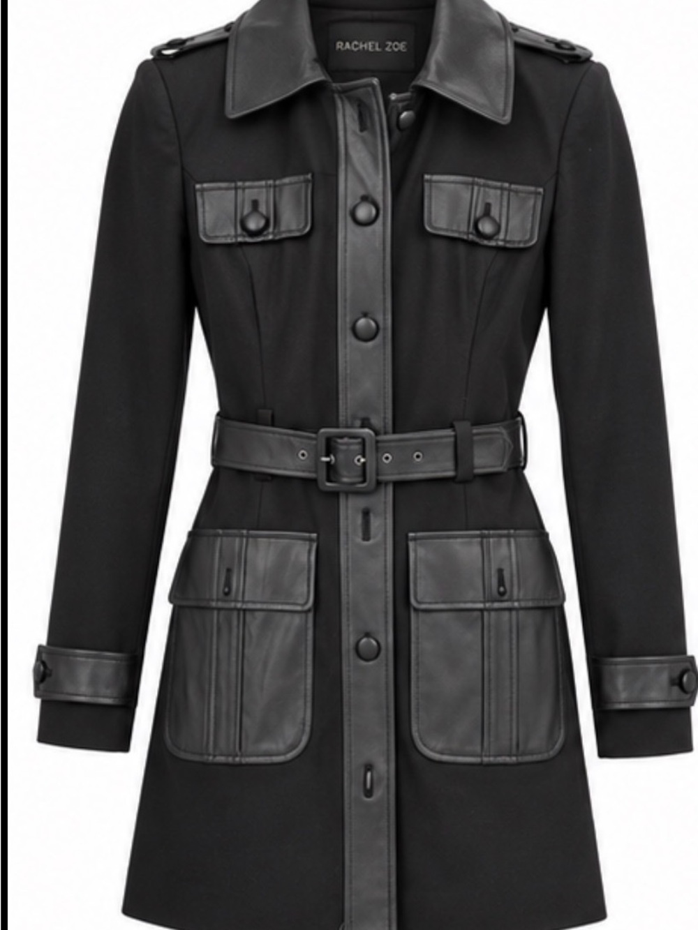 Rachel Zoe Black Trench Coat with Leather Trim and Belt